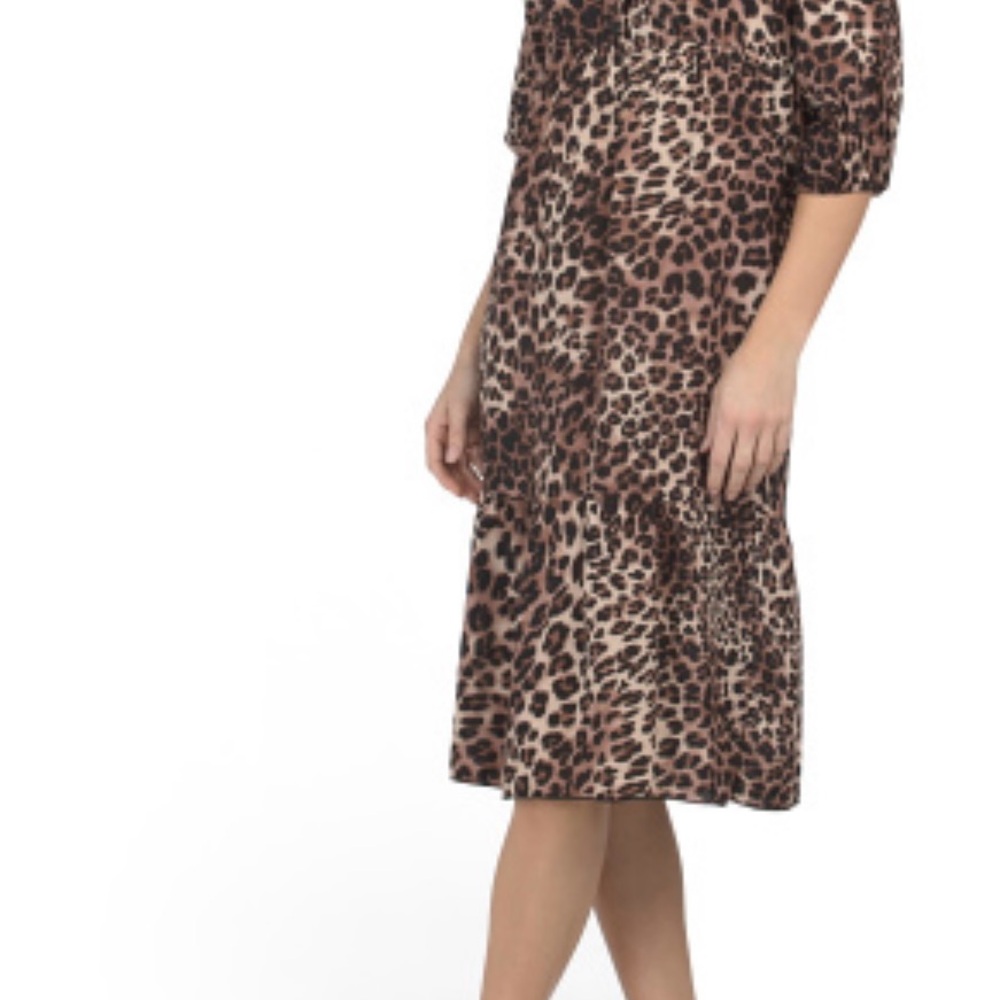 Brown and Black Puff Sleeve Midi Sundress with elastic gathered back